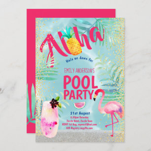 Invitation PISCINE tropicale Flamant rose ananas Aloha Luau