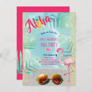 Invitation PISCINE tropicale Flamant rose ananas Aloha Luau
