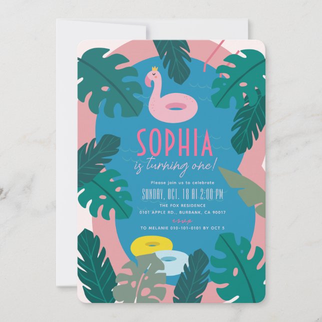 Invitation Piscine tropicale Pink Girl 1er anniversaire (Devant)