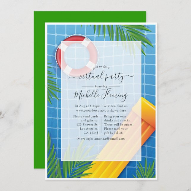 Invitation Piscine virtuelle tropicale fête d'anniversaire (Devant / Derrière)