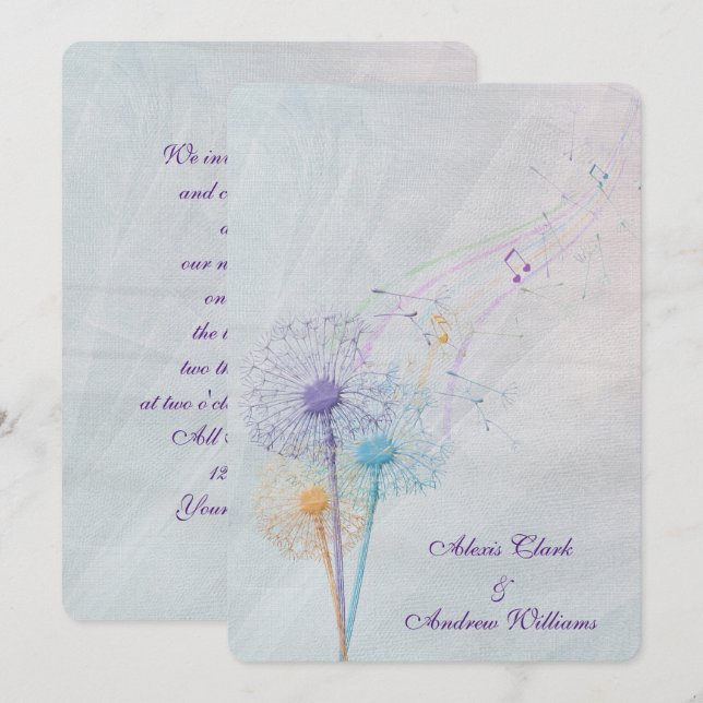 Invitation pissenlit et notes musicales sur tulle mariage (Devant / Derrière)