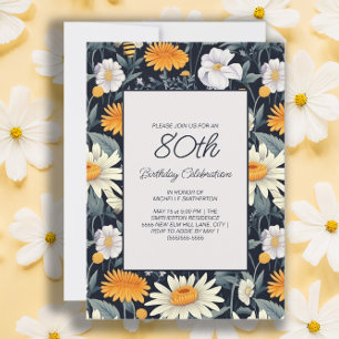 Invitation Pissenlits Marguerites Bleu Nuit Anniversaire 80 A