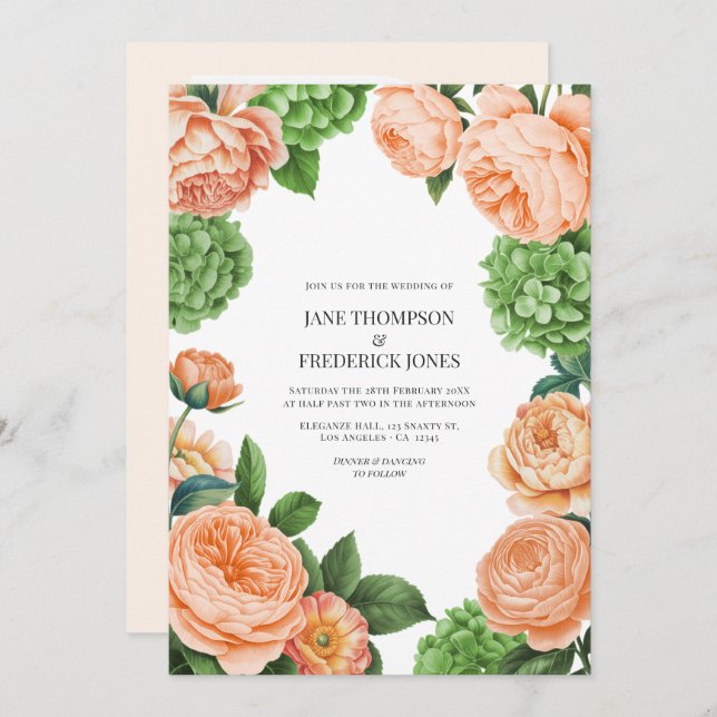 Invitation Pistachio and Peach Watercolor Floral Wedding (Devant / Derrière)