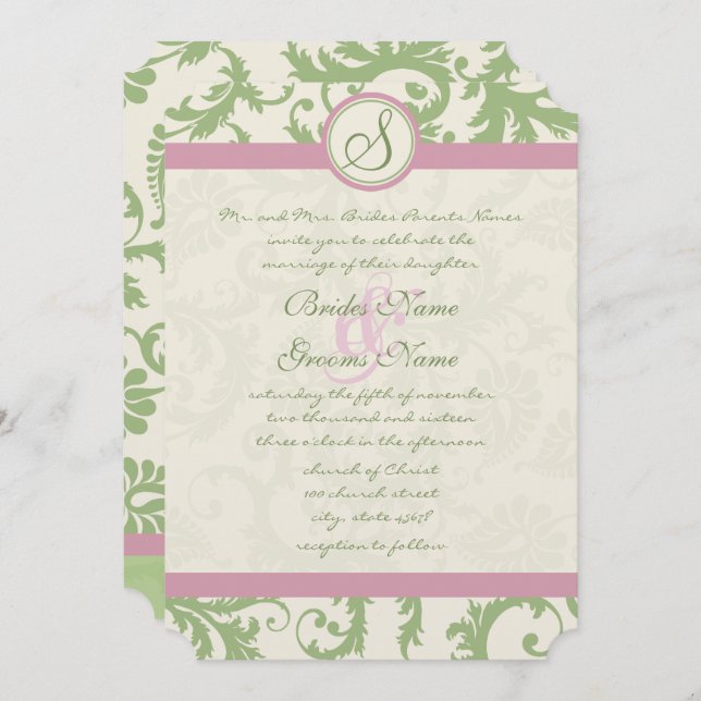 Invitation Pistachio Clover Rose Petal Mariage damassé Invita (Devant / Derrière)