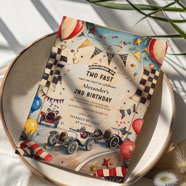 Invitation Piste de course rétro Deux ans d'anniversaire rapi (Créateur téléchargé)