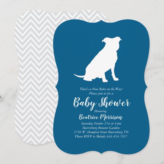 Invitation Pit Bull Chien Baby shower Blue Boy Pitbull (Devant / Derrière)