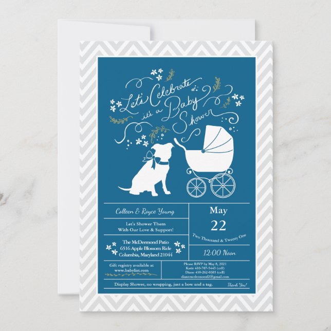 Invitation Pit Bull Chien Baby shower Blue Boy Pitbull (Devant)