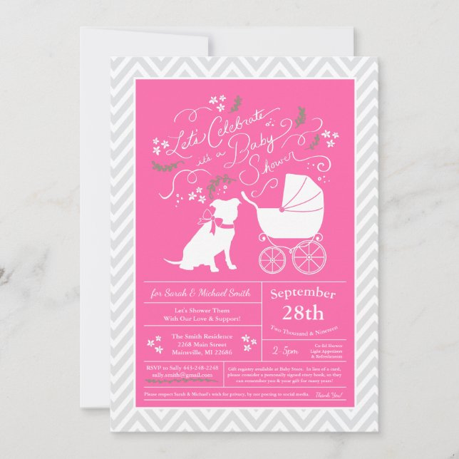 Invitation Pit Bull Chien Baby shower rose fille Pitbull (Devant)