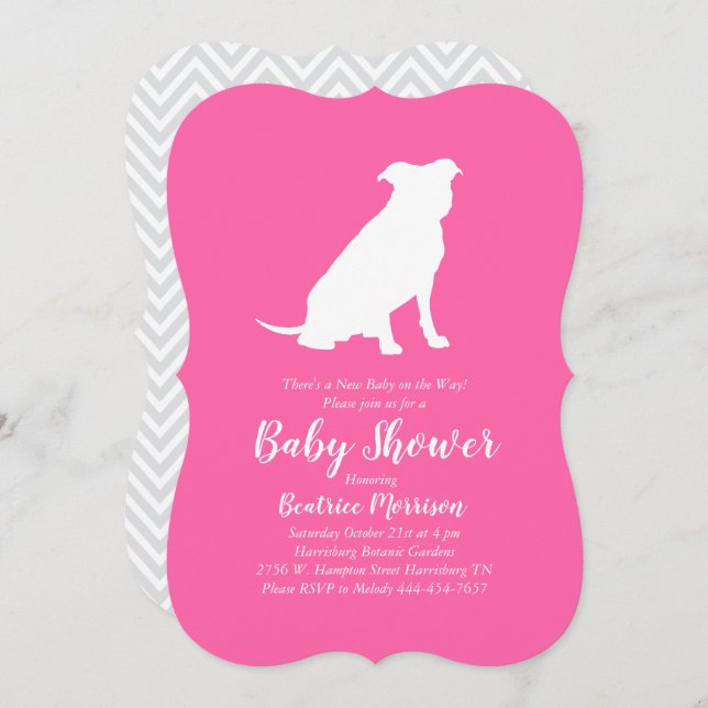 Invitation Pit Bull Chien Baby shower rose fille Pitbull (Devant / Derrière)