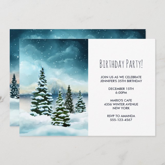Invitation Pittoresque Winter Wonderland Watercolor Art Party (Devant / Derrière)