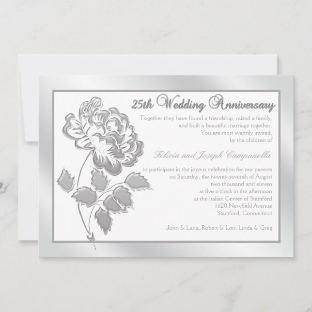 Invitation Pivoine argentée pour le 25e anniversaire sur lin  (Devant)
