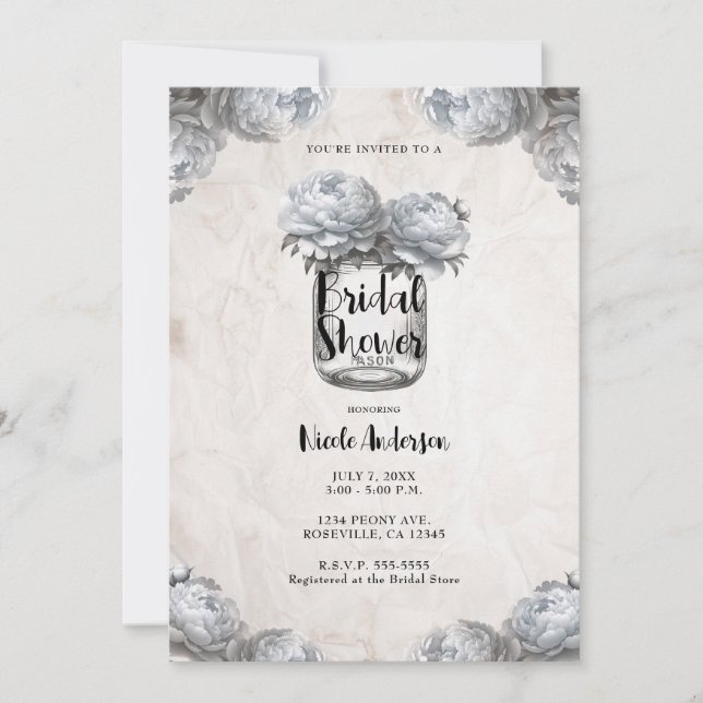 Invitation Pivoine blanche Bocal Mason Mariage rustique (Devant)