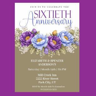 Invitation Pivoine bleue et violette 60e anniversaire de mari