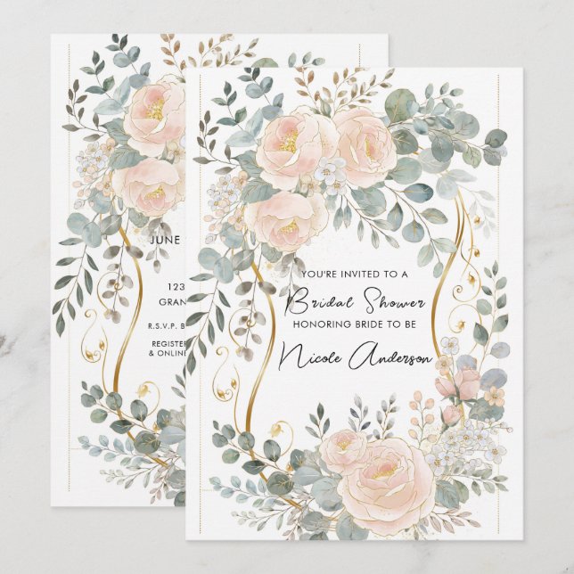 Invitation Pivoine Blush & Eucalyptus Floral Botanique de Mar (Devant / Derrière)