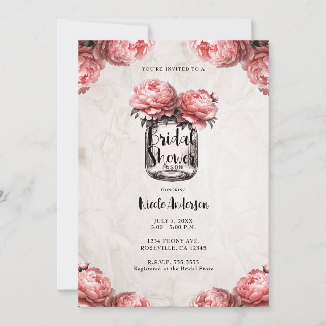 Invitation Pivoine de corail rose Pot Mason Rustique douche d (Devant)