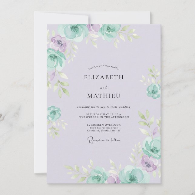 Invitation Pivoine de mariage délicate de pervenche menthe (Devant)