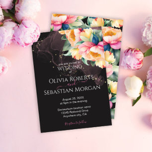 Invitation Pivoine élégante aquarelle sur fond noir Mariage