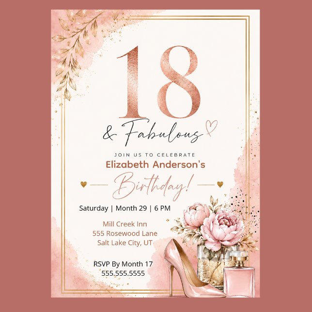 Invitation Pivoine et Parfum 18e Anniversaire Fabuleux (Elegant 18th birthday invitation with blush pink watercolor, rose gold glitter, and peony flowers,)