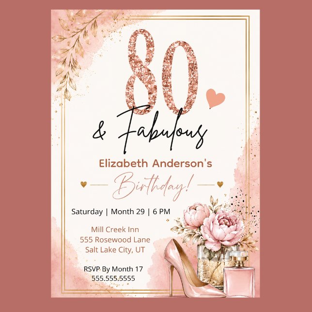 Invitation Pivoine et Parfum 80e Anniversaire Fabuleux (Elegant 80th birthday invitation with blush pink watercolor, rose gold glitter, and peony flowers,)