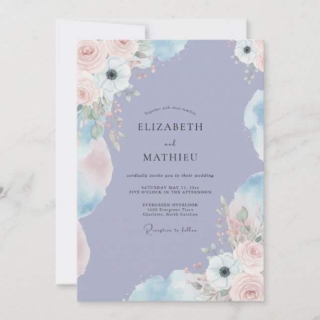 Invitation Pivoine Mariage Douce Teinte Pervenche (Devant)