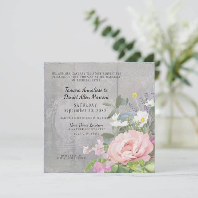 Invitation Pivoine rose Fleur de marguerite sauvage Bois gris (Debout devant)