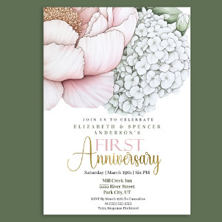 Invitation Pivoine Rose Pâle 1er Anniversaire de Mariage