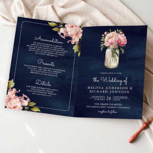 Invitation Pivoine rose tendre Pot Mason QR Code Mariage Navy (Créateur téléchargé)