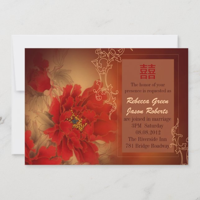 Invitation Pivoine rouge Double Bonheur mariage chinois (Devant)