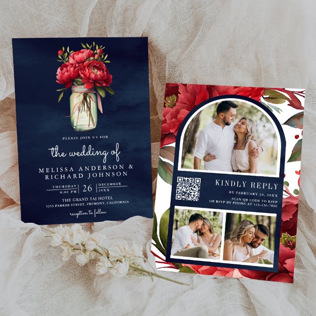Invitation Pivoine Rouge Fleur Jar Mason Code QR Mariage Bleu (Créateur téléchargé)