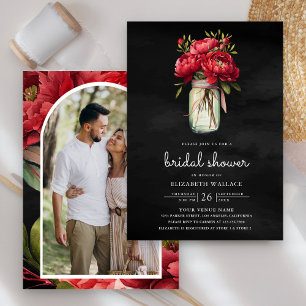 Invitation Pivoine rouge Fleur Jar Mason Noir Mariage