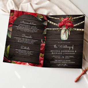 Invitation Pivoine Rouge Fleur Jar QR Code Bois Mariage
