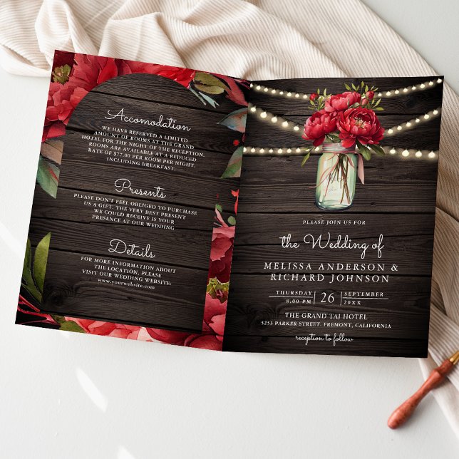 Invitation Pivoine Rouge Fleur Jar QR Code Bois Mariage (Créateur téléchargé)