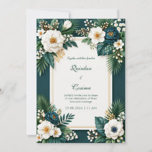 Invitation Pivoine sarcelle profonde Émeraude Bordure tropica