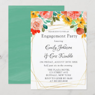 Invitation Pivoine teinte de bleu sarcelle jaune orange pour