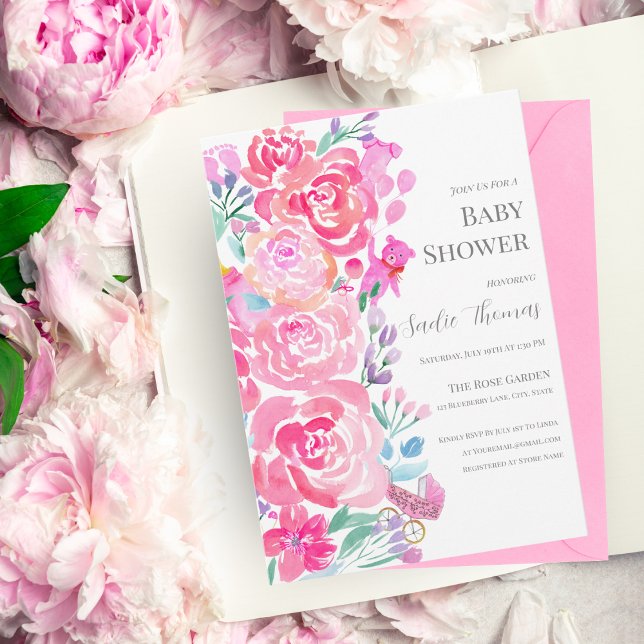 Invitation Pivoines à l'aquarelle, Ours & Articles pour bébé  (Créateur téléchargé)