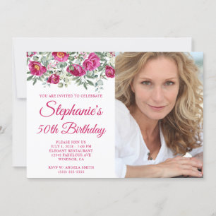 Invitation Pivoines aquarelle rose chaud Photo 50e anniversai