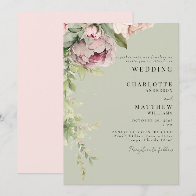 Invitation Pivoines aquarelles élégantes vert sauge et rose p (Devant / Derrière)