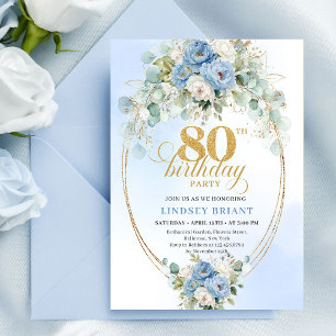 Invitation Pivoines Bleu Clair Jolies Cadre Doré 80e Annivers