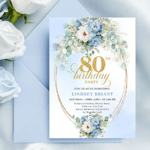 Invitation Pivoines Bleu Poussiéreux Élégantes Or Boho 80e An