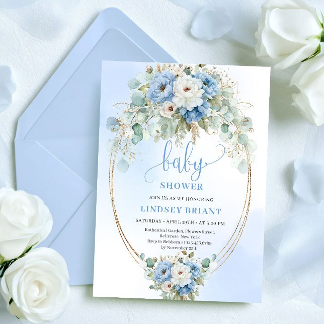 Invitation Pivoines bleues sophistiquées Eucalyptus Or Bébé  (Sophisticated Blue Peonies Eucalyptus Gold Baby Shower)