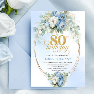 Invitation Pivoines de bleu pastel intemporel et verdure 80e