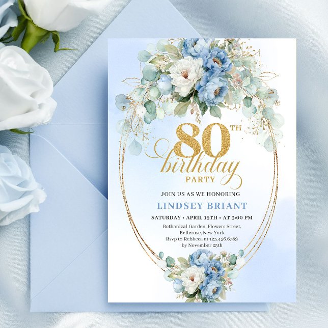 Invitation Pivoines de bleu pastel intemporel et verdure 80e  (Timeless Pastel Blue Peonies Greenery 80th Birthday Invite)