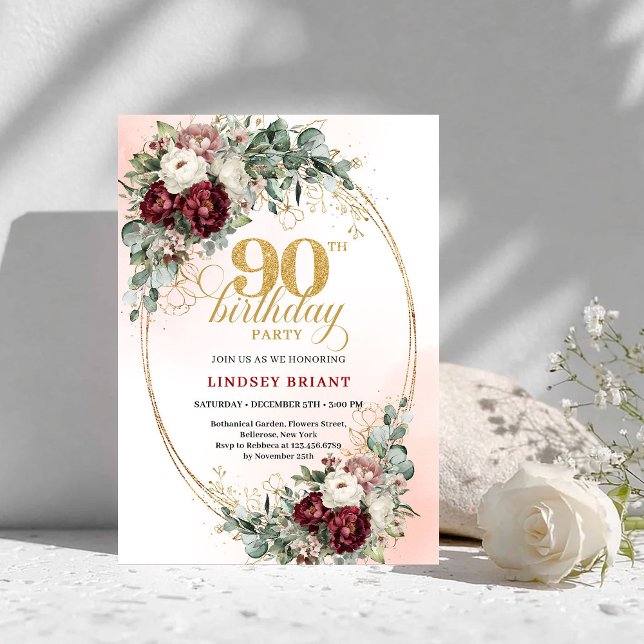 Invitation Pivoines de verdure rouge profond intemporel 90e a (Timeless Deep Red Peonies Greenery 90th Birthday Invite)