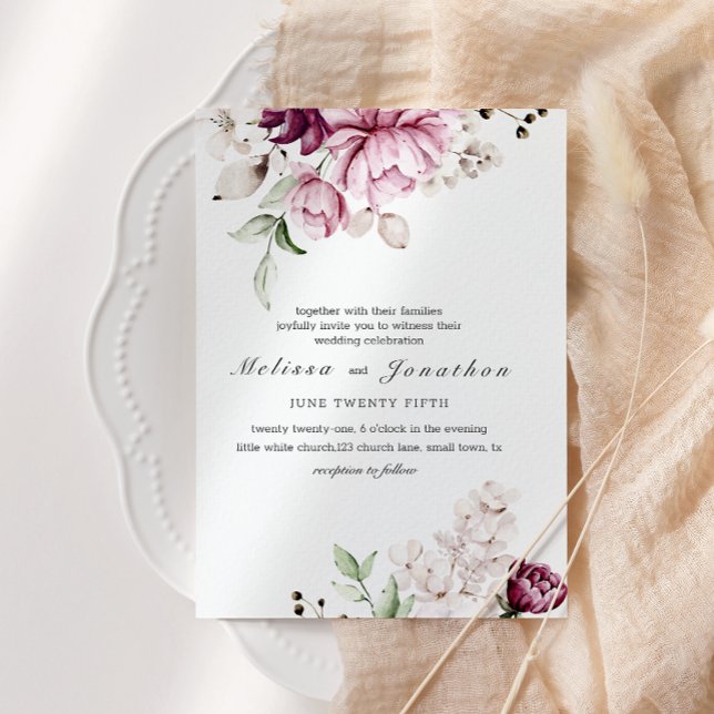 Invitation Pivoines Fleurs Mariage Bordeaux Rose (Créateur téléchargé)