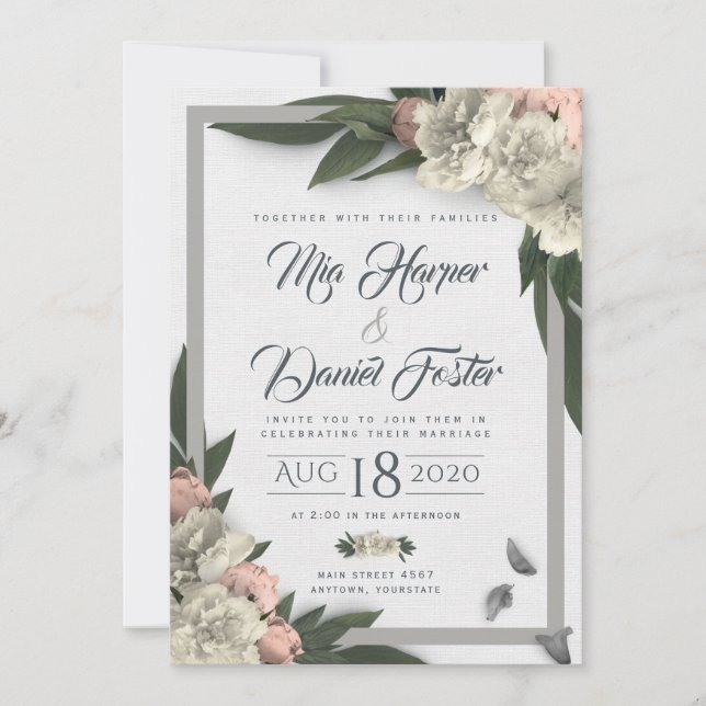 Invitation Pivoines Florales Blanches et Pêches Glamour (Devant)