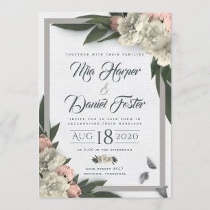 Invitation Pivoines Florales Blanches et Pêches Glamour