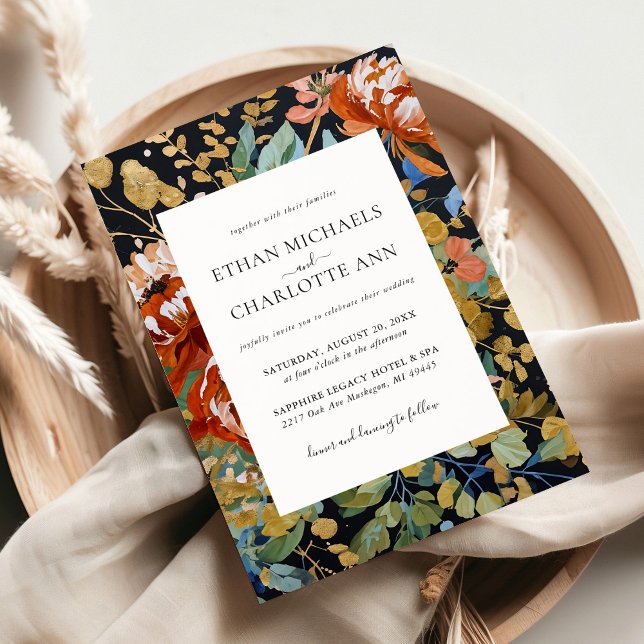 Invitation Pivoines Orange Brûlé Peinture Dorée Mariage Flora (Créateur téléchargé)