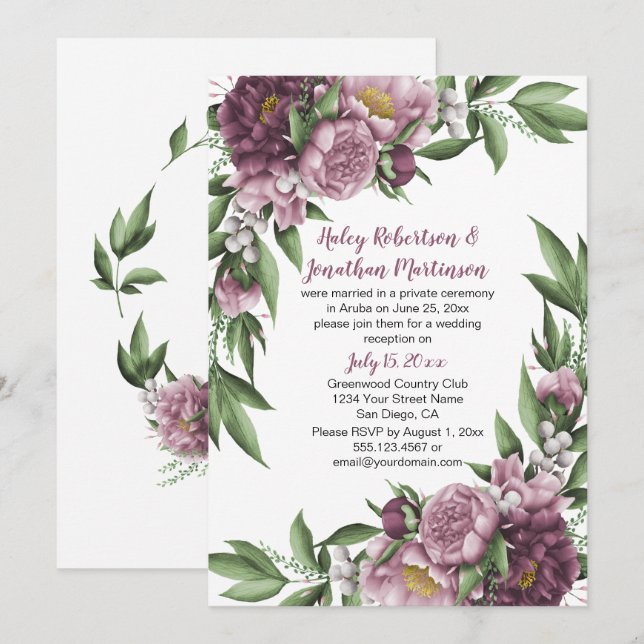 Invitation Pivoines Rose Mauve et Feuillage Réception uniquem (Devant / Derrière)