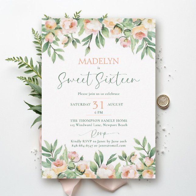 Invitation Pivoines Rose Pêche Écriture Élégante Florale Swee (sweet sixteen birthday invitation peony floral peach pink green script elegant classy formal)