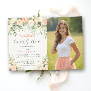 Invitation Pivoines Rose Pêche Écriture Élégante Photo Douce